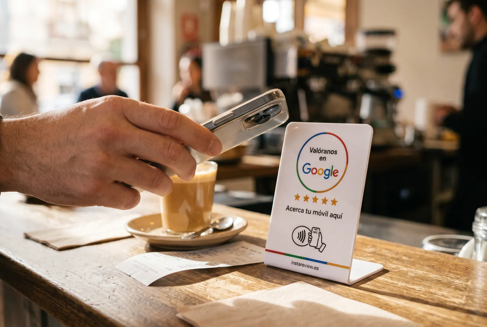 Cliente acercando el móvil al expositor NFC «Valóranos en Google» en la barra de un bar, junto a un cortado