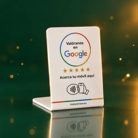 Expositor NFC con el texto «Valóranos en Google» y «Acerca tu móvil aquí»