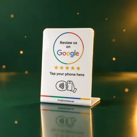 Expositor NFC con el texto «Review us on Google» y «Tap your phone here»
