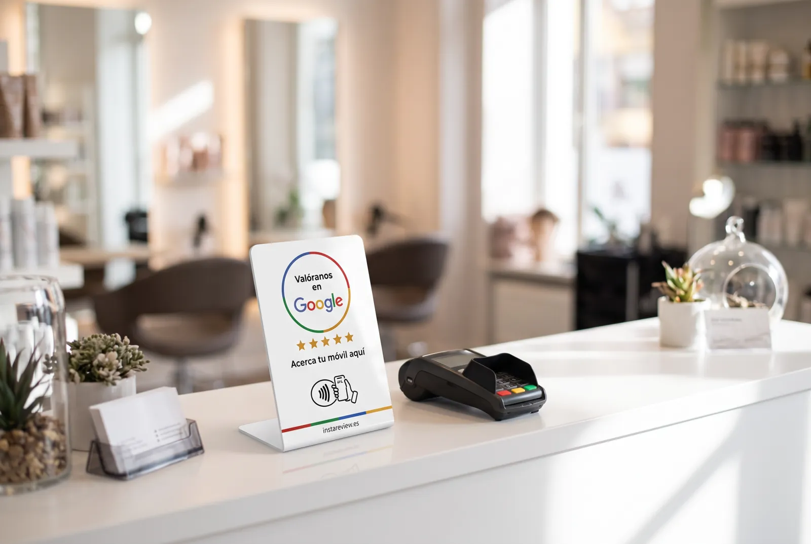 Expositor NFC de reseñas de Google junto al datáfono en la recepción de una peluquería